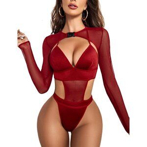 Women Hot Red Festival Sexy Lingerie Bodysuit Buckle Shrug Crop Top Set Outfits